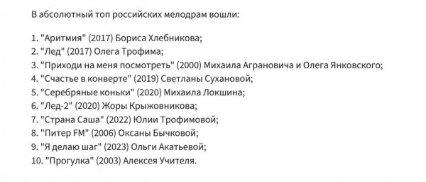 Опубликован топ-10 российских мелодрам Опубликован топ-10 российских мелодрам