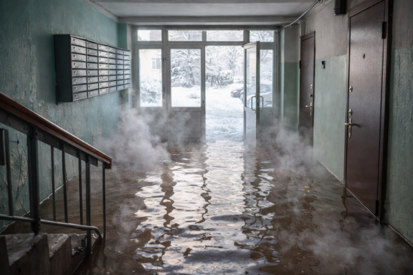 В ЖК Юнтолово снова затопило: горячая вода залила подъезд и магазины В ЖК Юнтолово снова затопило: горячая вода залила подъезд и магазины
