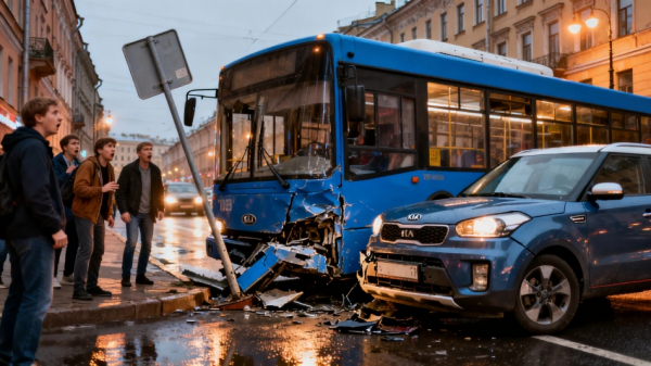 Автобус «Лазурный» протаранил знак и повредил Kia на Хасанской улице Автобус «Лазурный» протаранил знак и повредил Kia на Хасанской улице