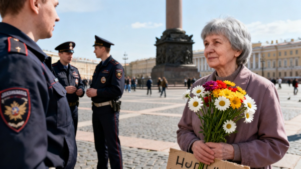 Петербурженку 85 лет задержали у Соловецкого камня с плакатом и цветами Петербурженку 85 лет задержали у Соловецкого камня с плакатом и цветами