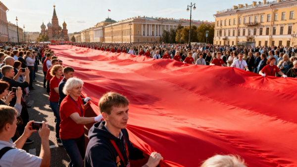 На Невском проспекте развернули гигантское Знамя Победы ко Дню Победы На Невском проспекте развернули гигантское Знамя Победы ко Дню Победы